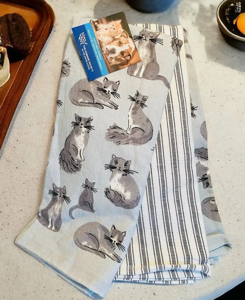 NWT Sweet Grey & White Kitten Cats Cat 3 Piece Blue Striped Kitchen Towel Set